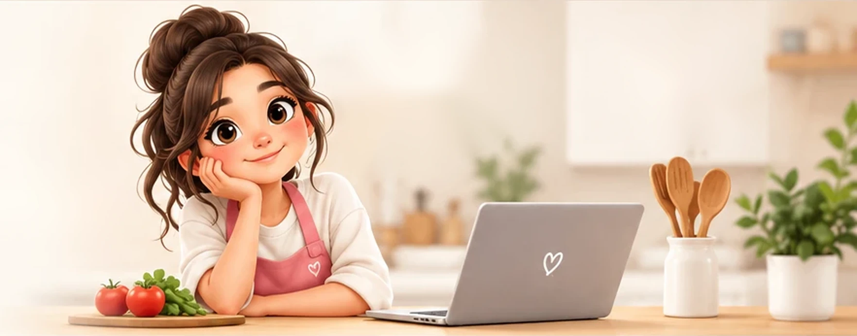 Koki, la asistente de cocina de Waatokok, sonriendo en la barra de la cocina junto a una laptop, jitomates frescos y cucharas de madera.